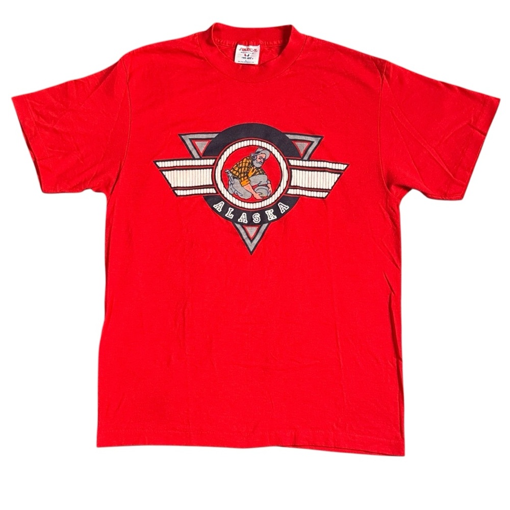 Vintage‎ 80’s Puffy Print Alaska Single Stitch Tee Shirt Red Men’s L USA Made